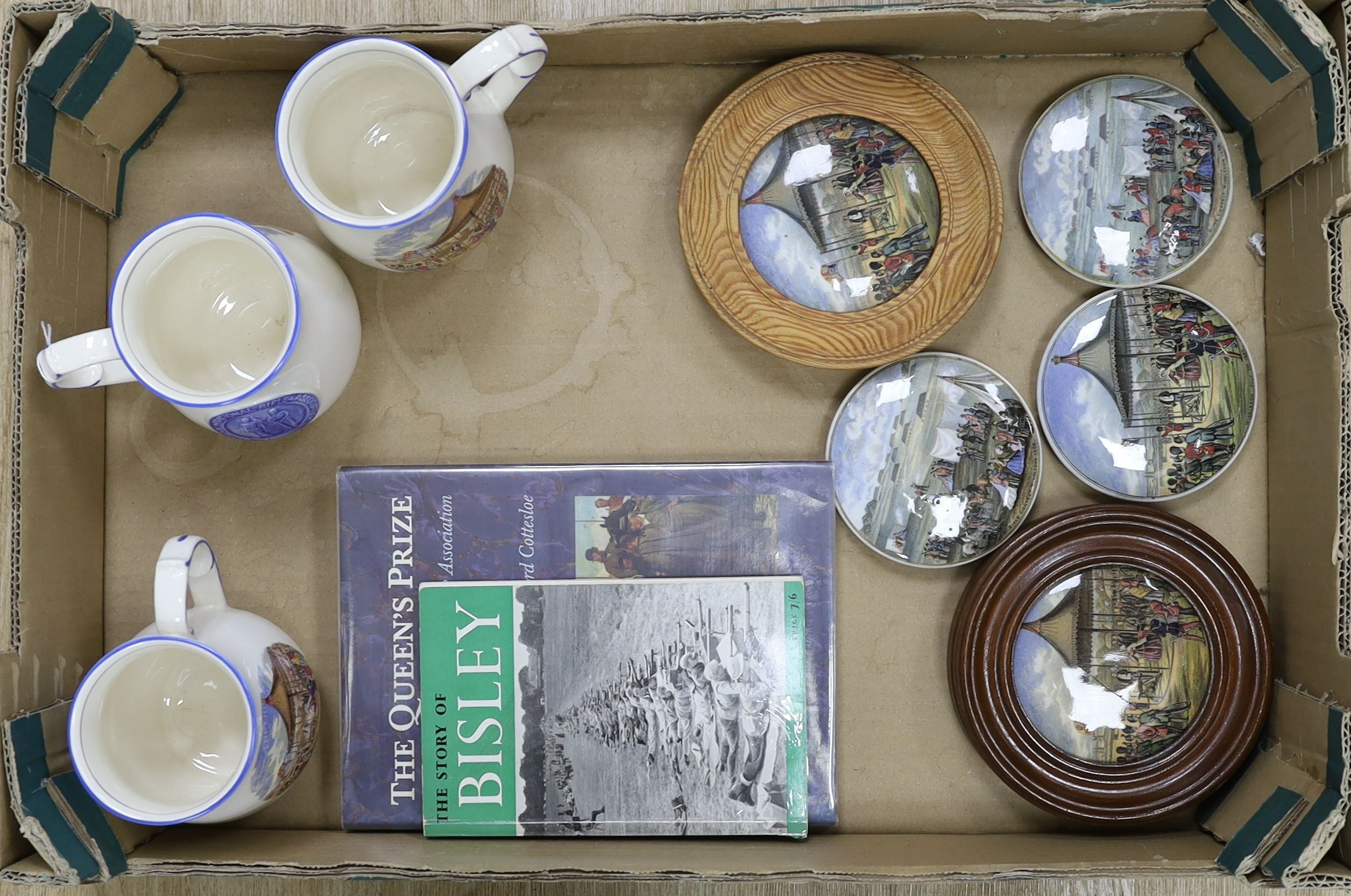 National Rifle Association- chromolithograph, 2 books, four pot lids, and three mugs (10)